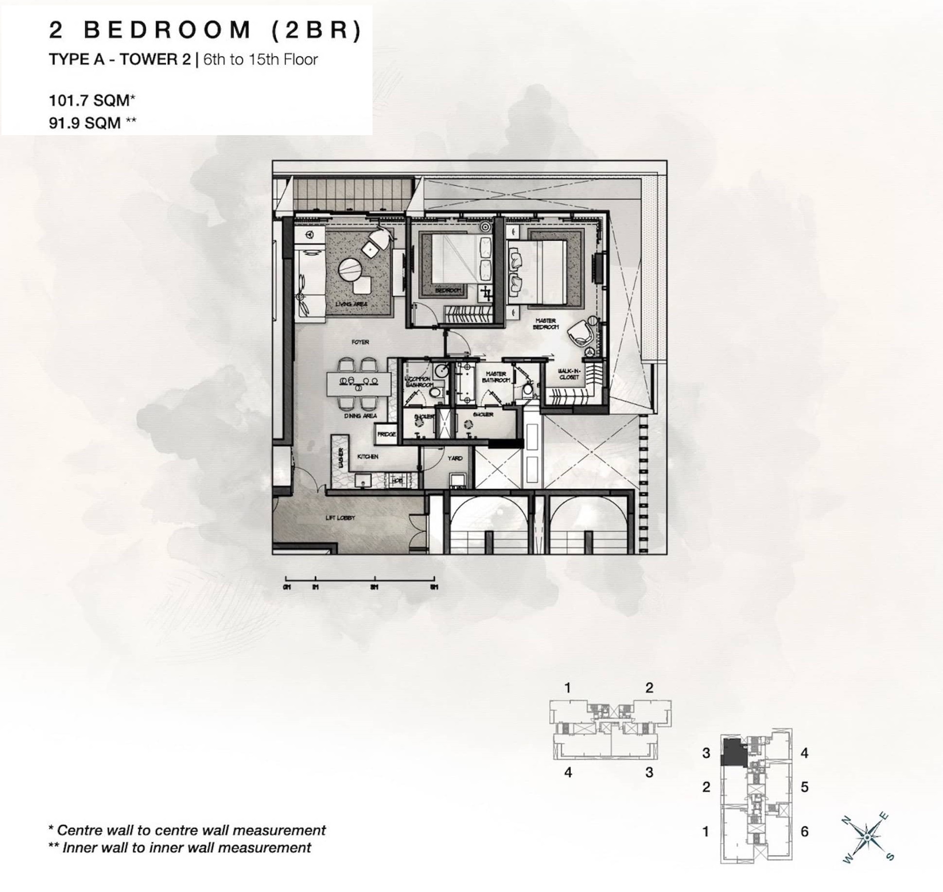 Layout căn 2 phòng ngủ Cove Residences Tower 2 phương án 1