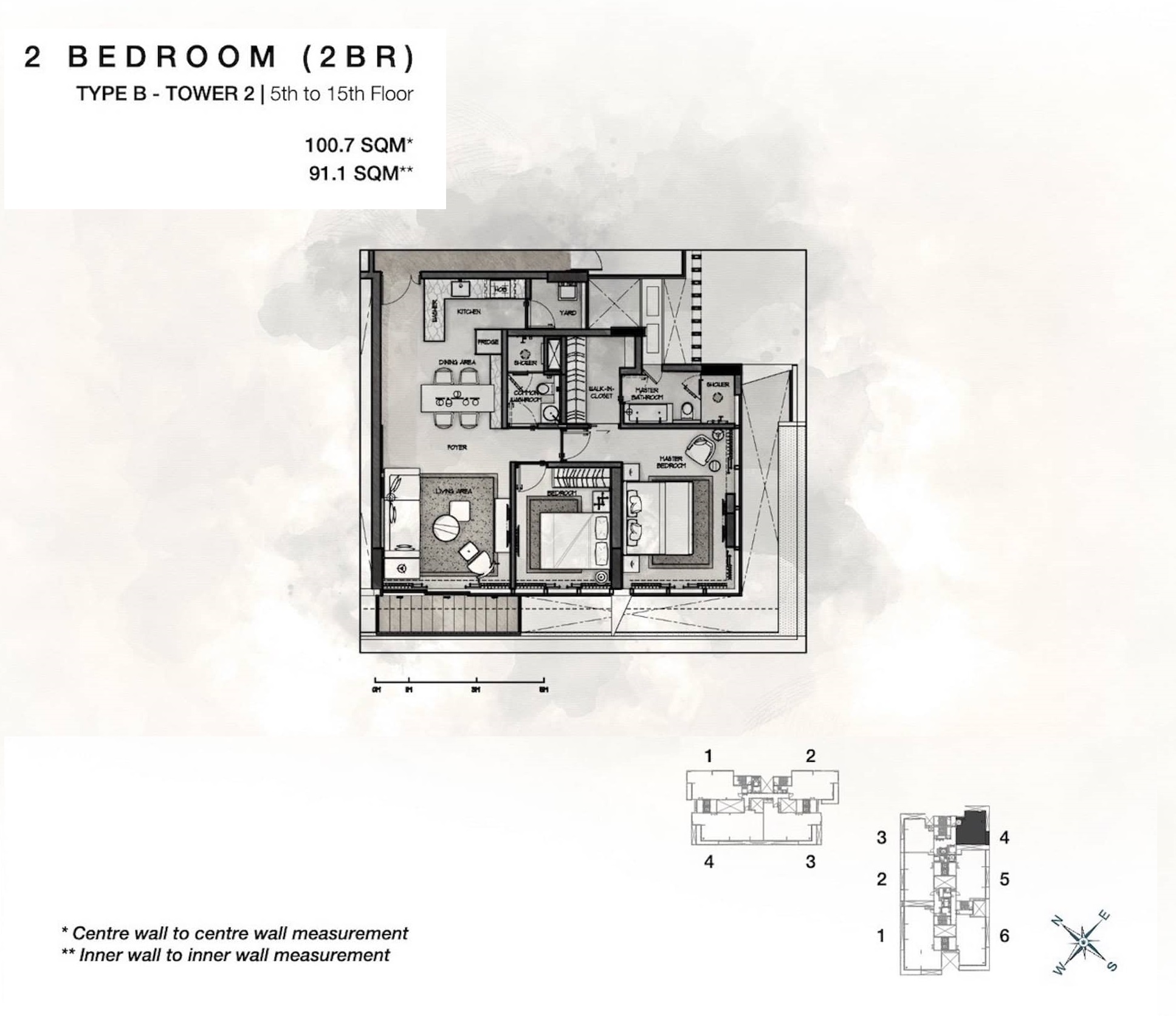 Layout căn 2 phòng ngủ Cove Residences Tower 2 phương án 2
