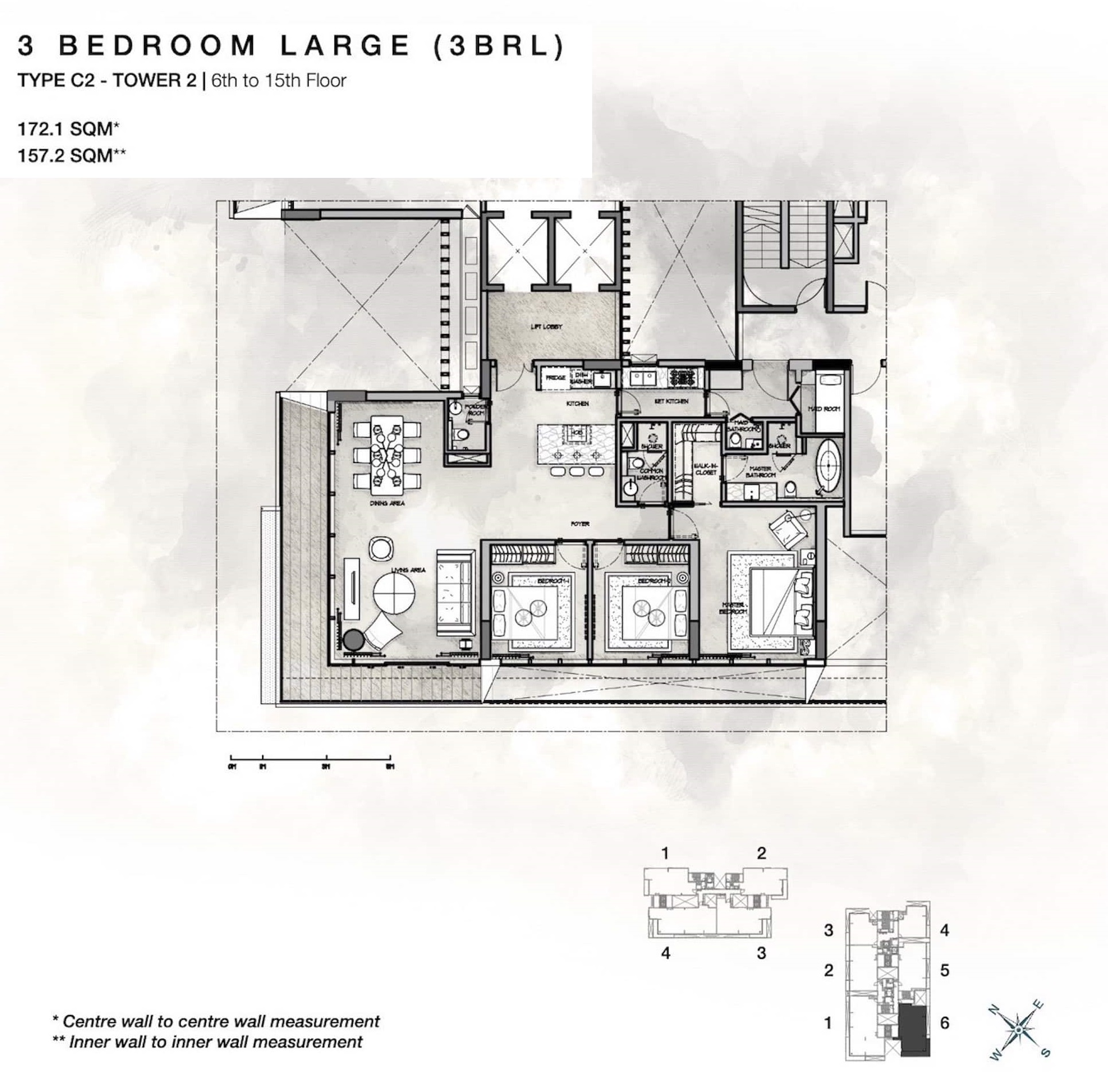 Layout căn 3 phòng ngủ Cove Residences Tower 2 phương án 1
