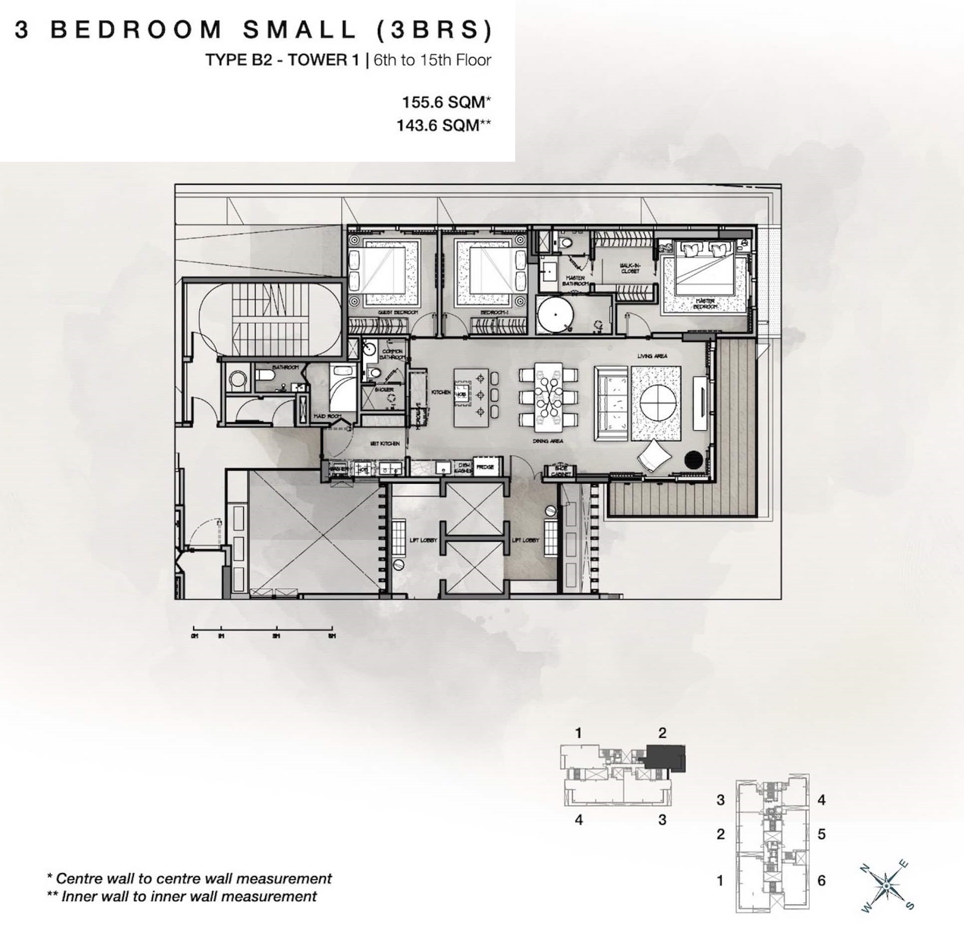 Layout căn 3 phòng ngủ Cove Residences Tower 1 phương án 1