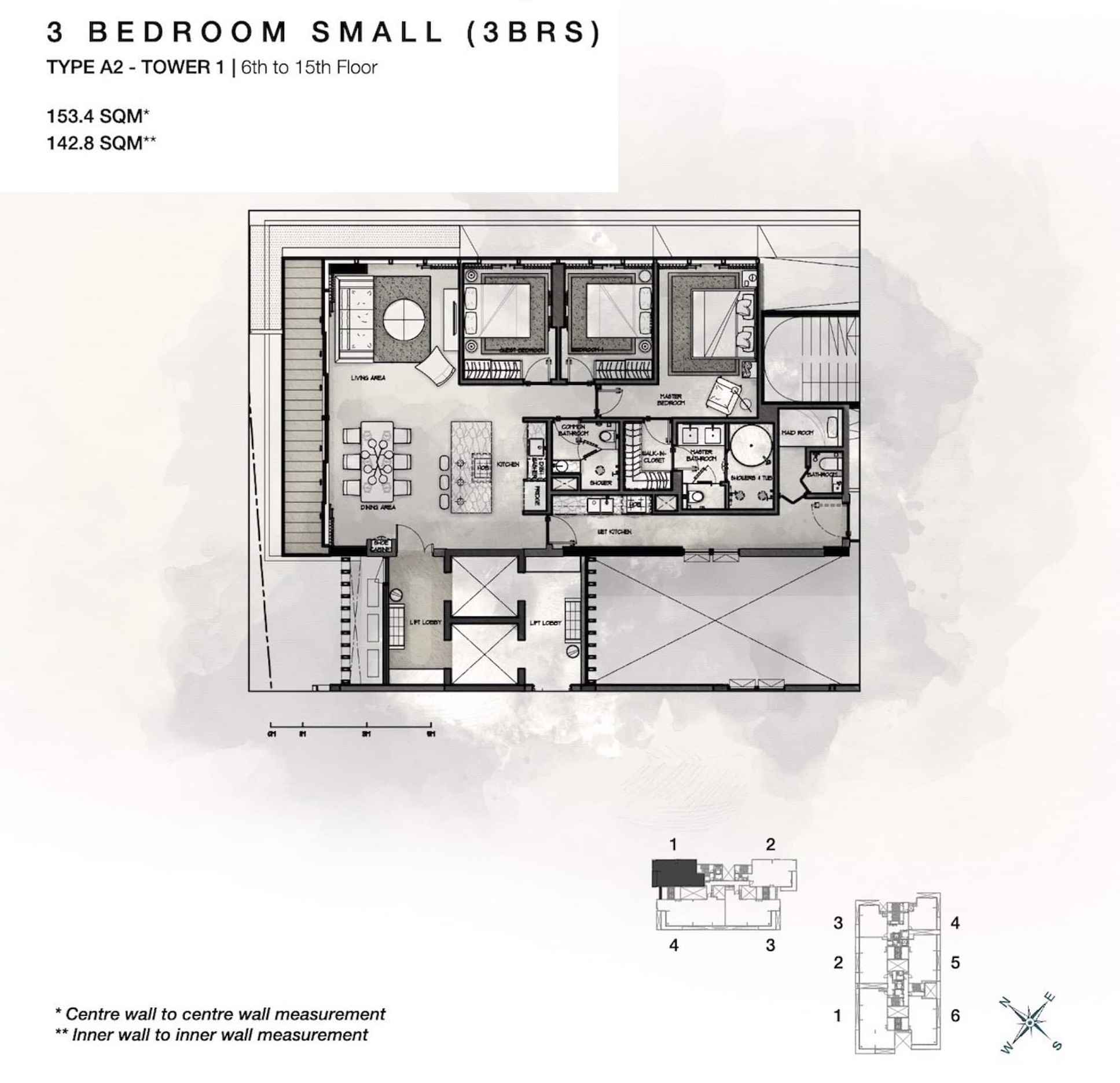 Layout căn 3 phòng ngủ Cove Residences Tower 1 phương án 2
