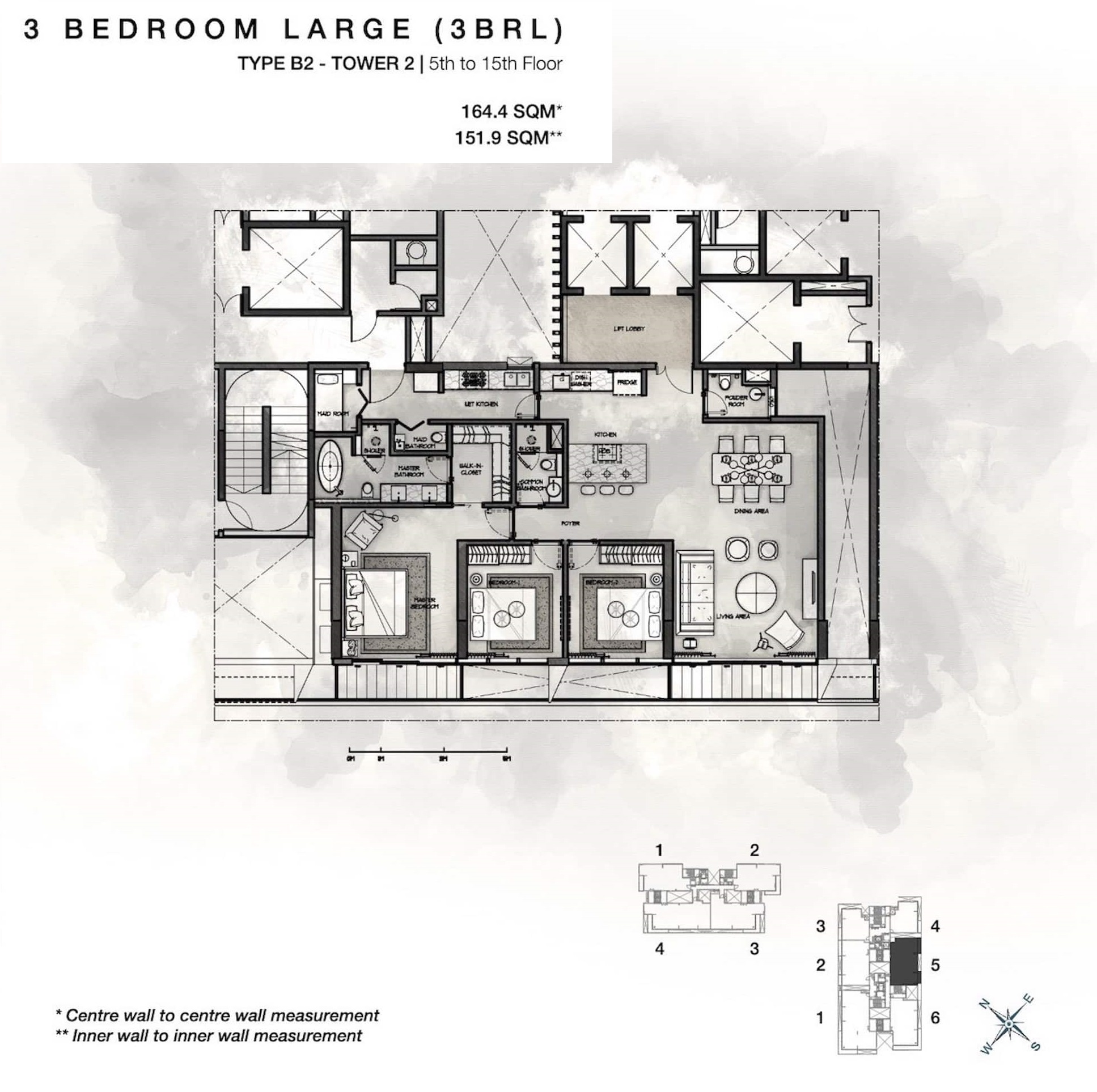 Layout căn 3 phòng ngủ Cove Residences Tower 2 phương án 2
