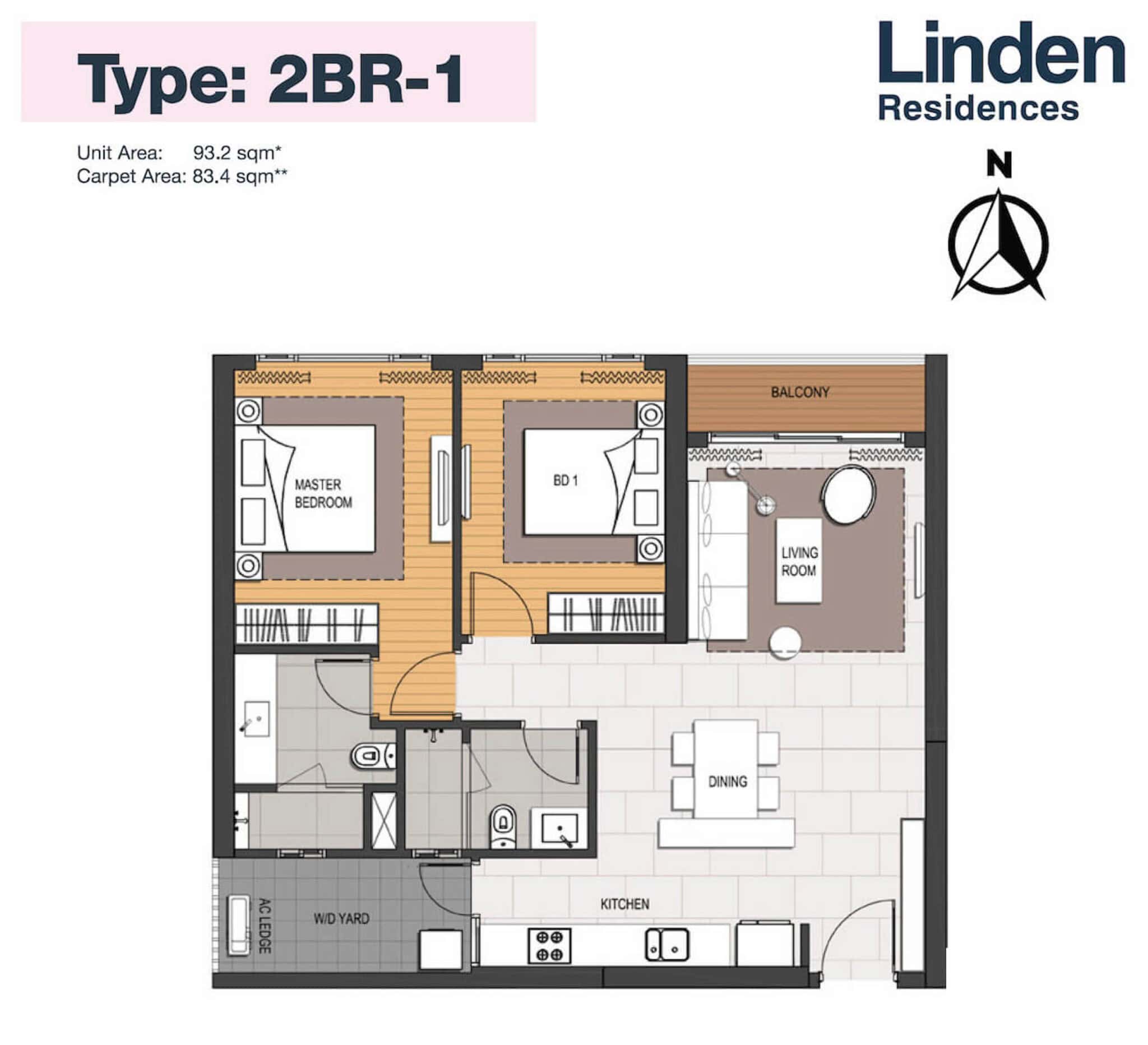 Layout căn hộ 2 phòng ngủ 93m2 loại 2BR1 Linden Residences