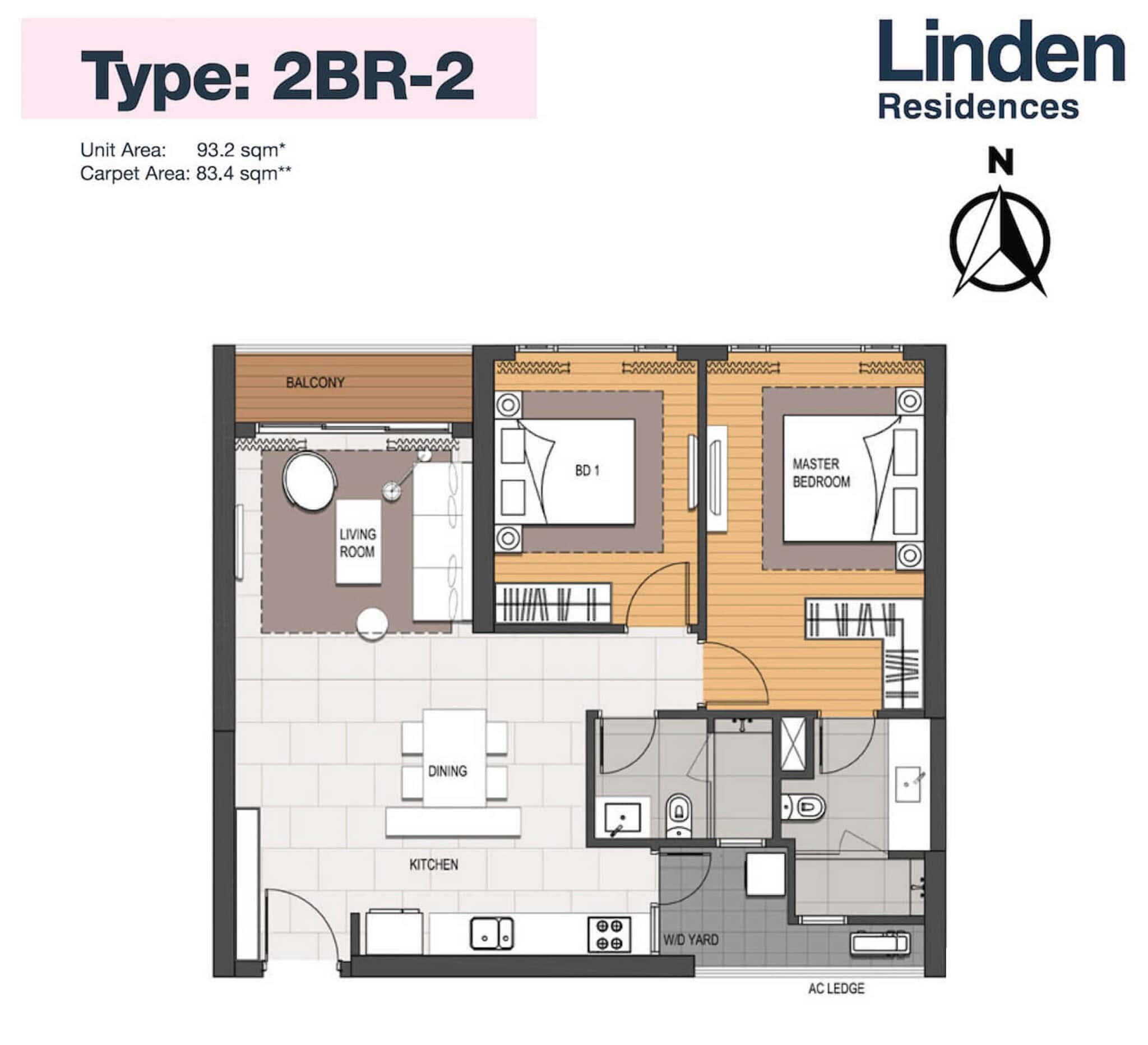 Layout căn hộ 2 phòng ngủ 93m2 loại 2BR2 Linden Residences