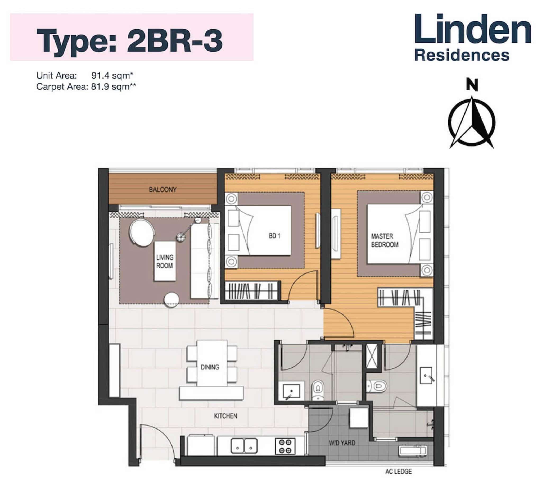 Layout căn hộ 2 phòng ngủ 92m2 loại 2BR3 Linden Residences