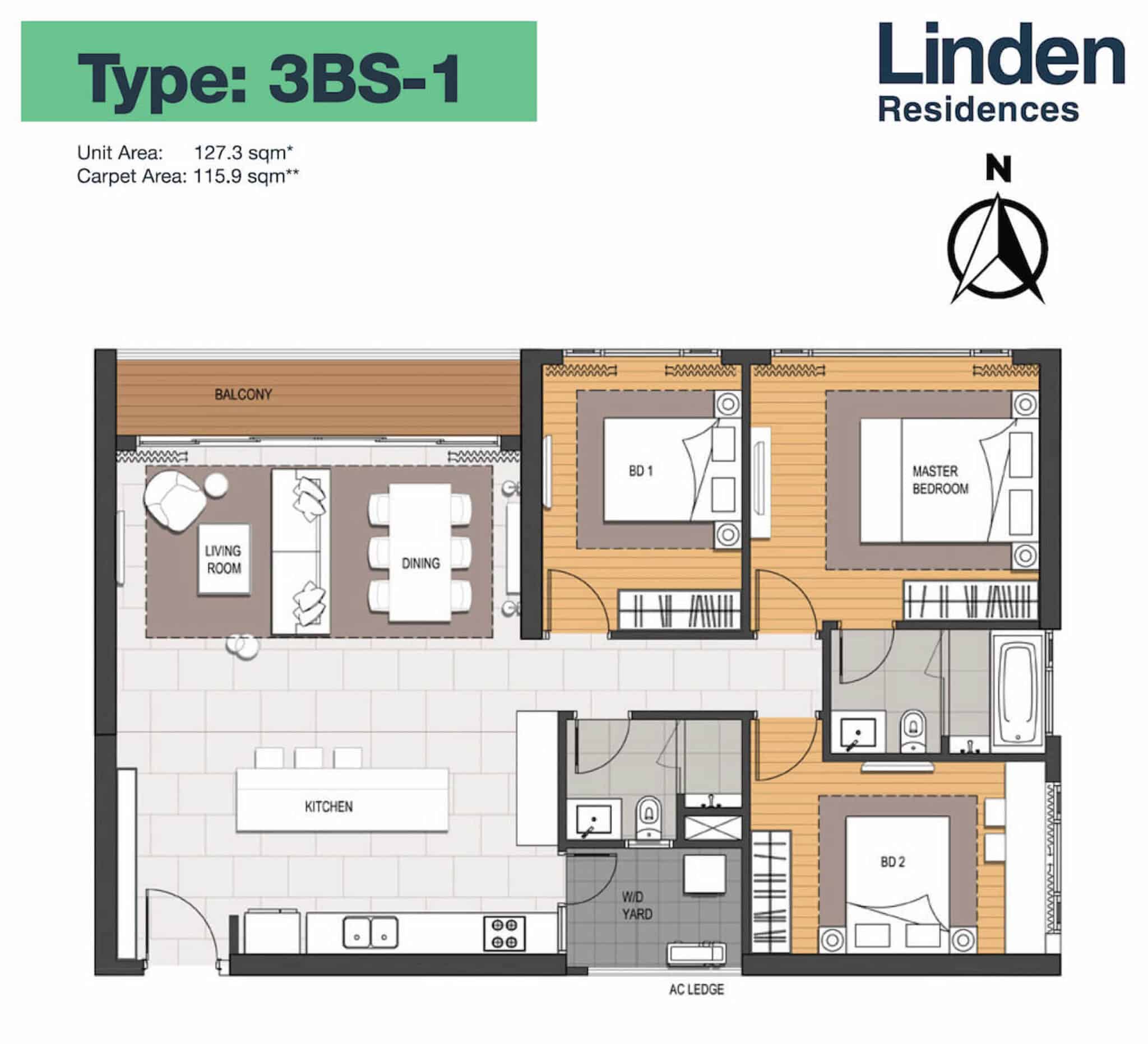 Layout căn hộ 3 phòng ngủ 127m2 Linden Residences