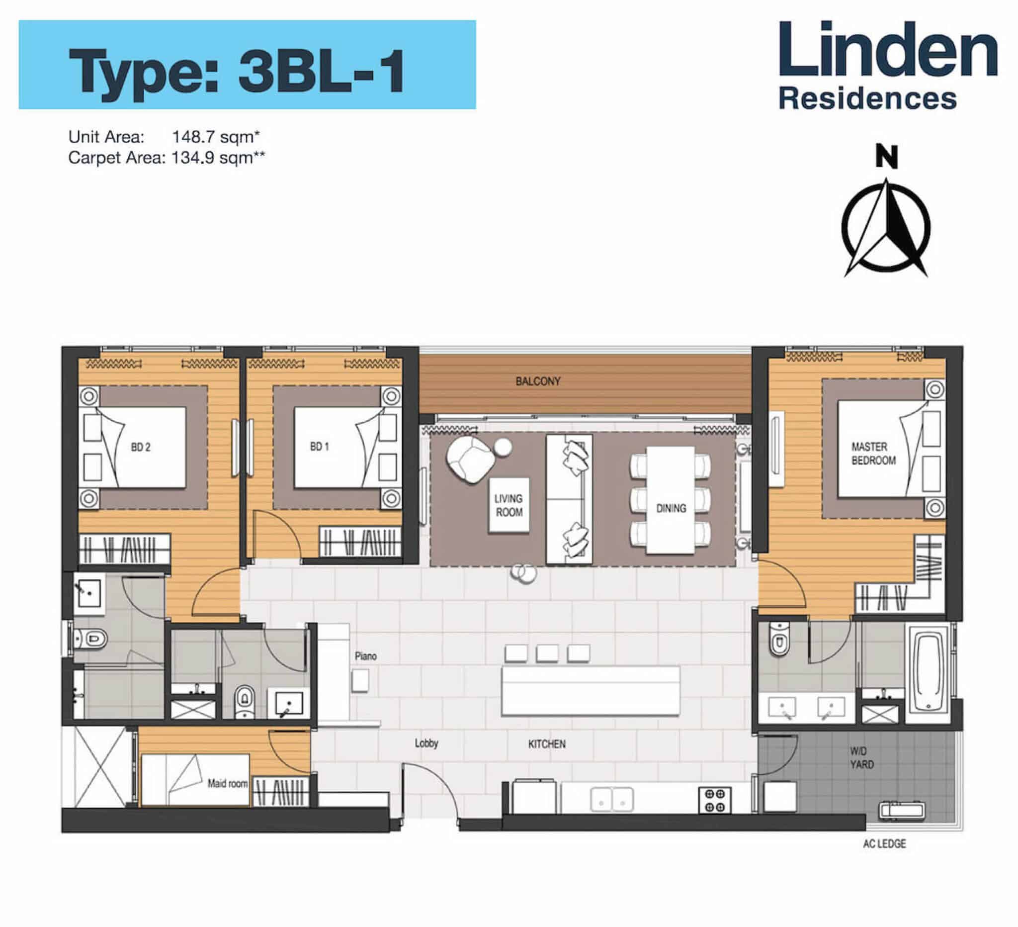 Layout căn hộ 3 phòng ngủ 148m2 loại 3BL1 Linden Residences