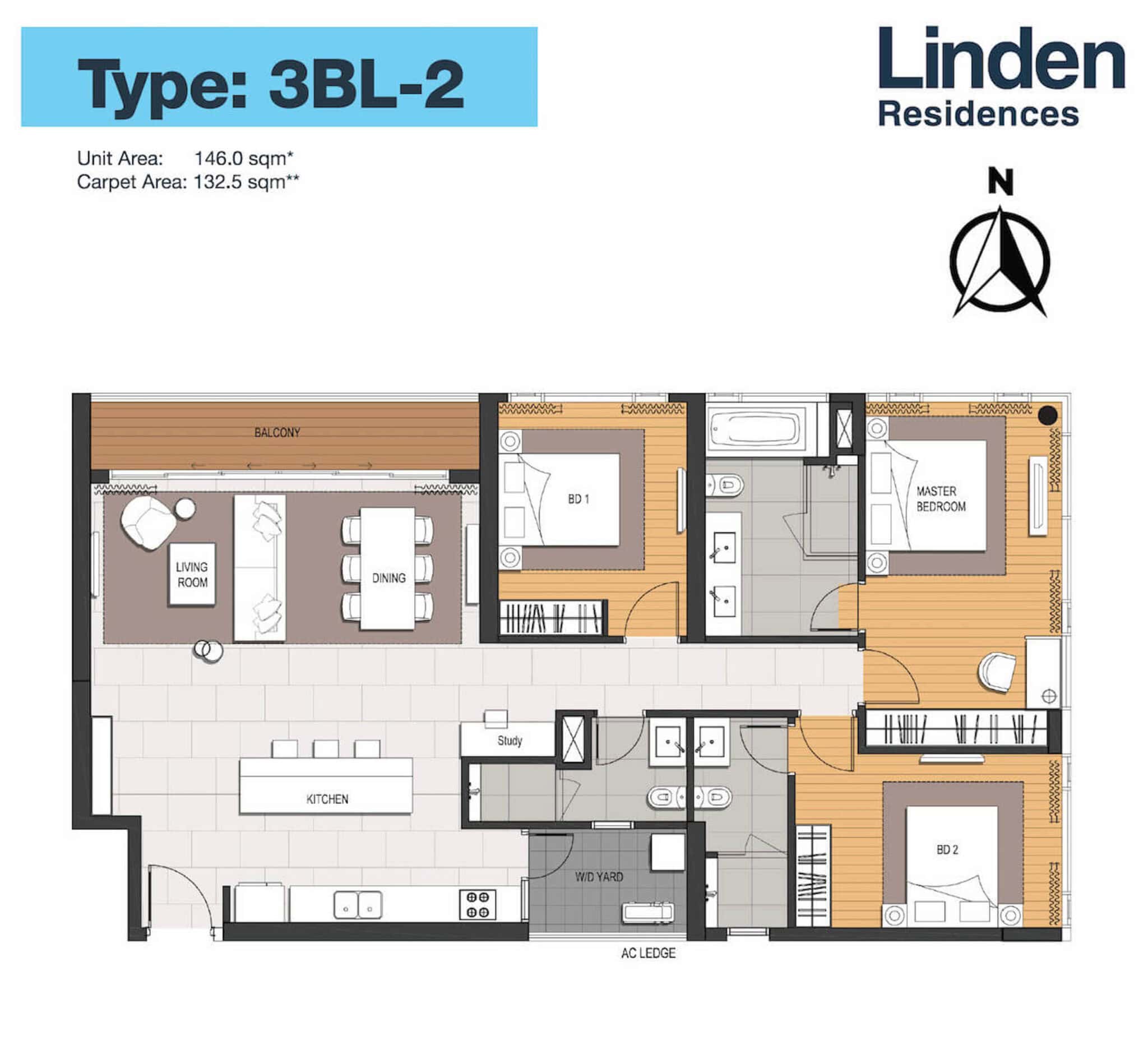 Layout căn hộ 3 phòng ngủ lớn 146m2 loại 3BL2 Linden Residences