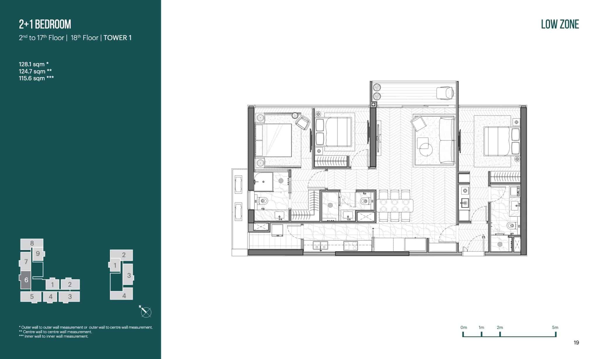 Layout căn 2 phòng ngủ+1 diện tích 128m2 căn số 6 Narra Residences