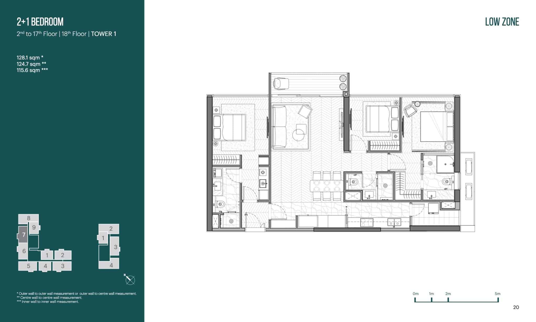 Layout căn 2 phòng ngủ+1 diện tích 128m2 căn số 7 Narra Residences