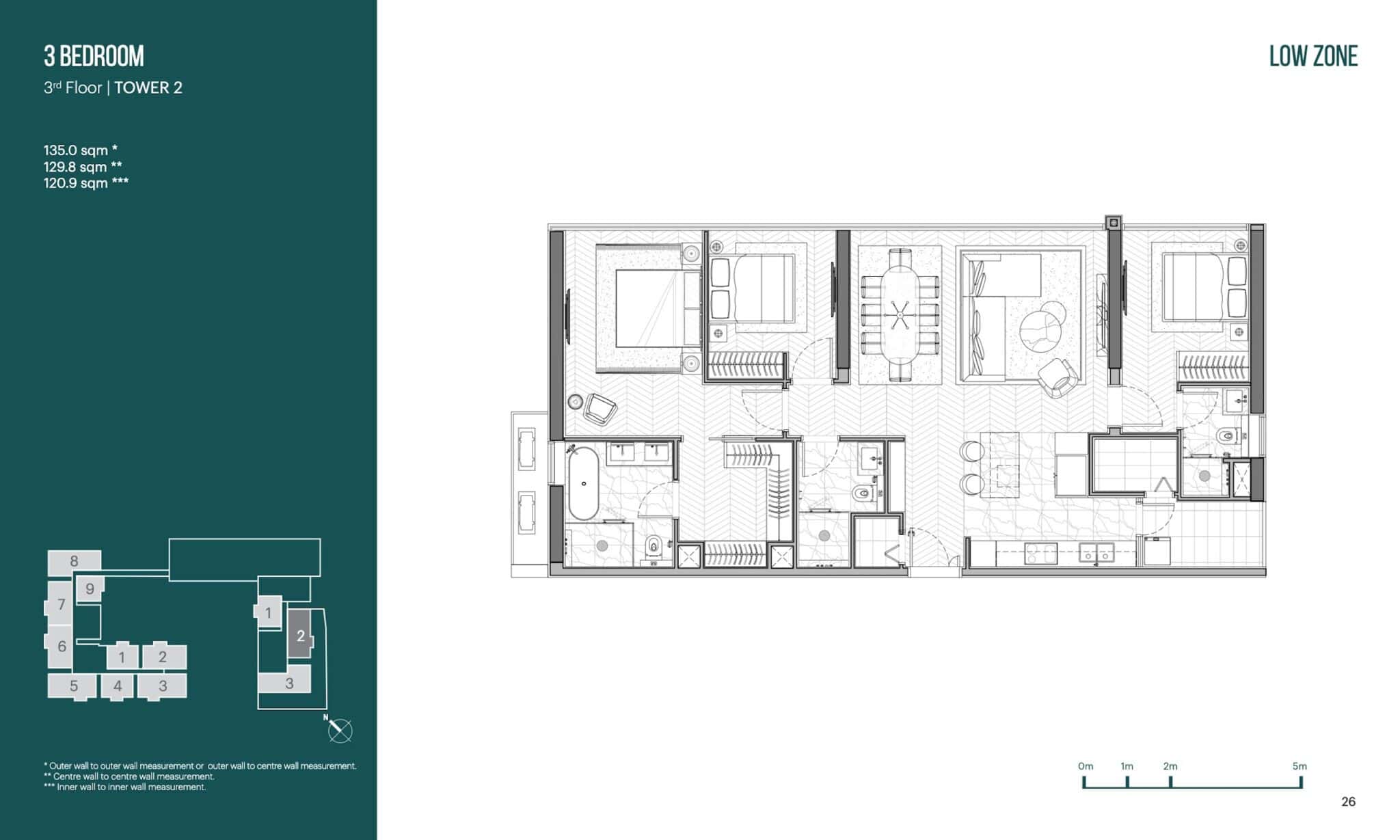 Layout căn 3 phòng ngủ 135m2 tòa T2 Narra Residences