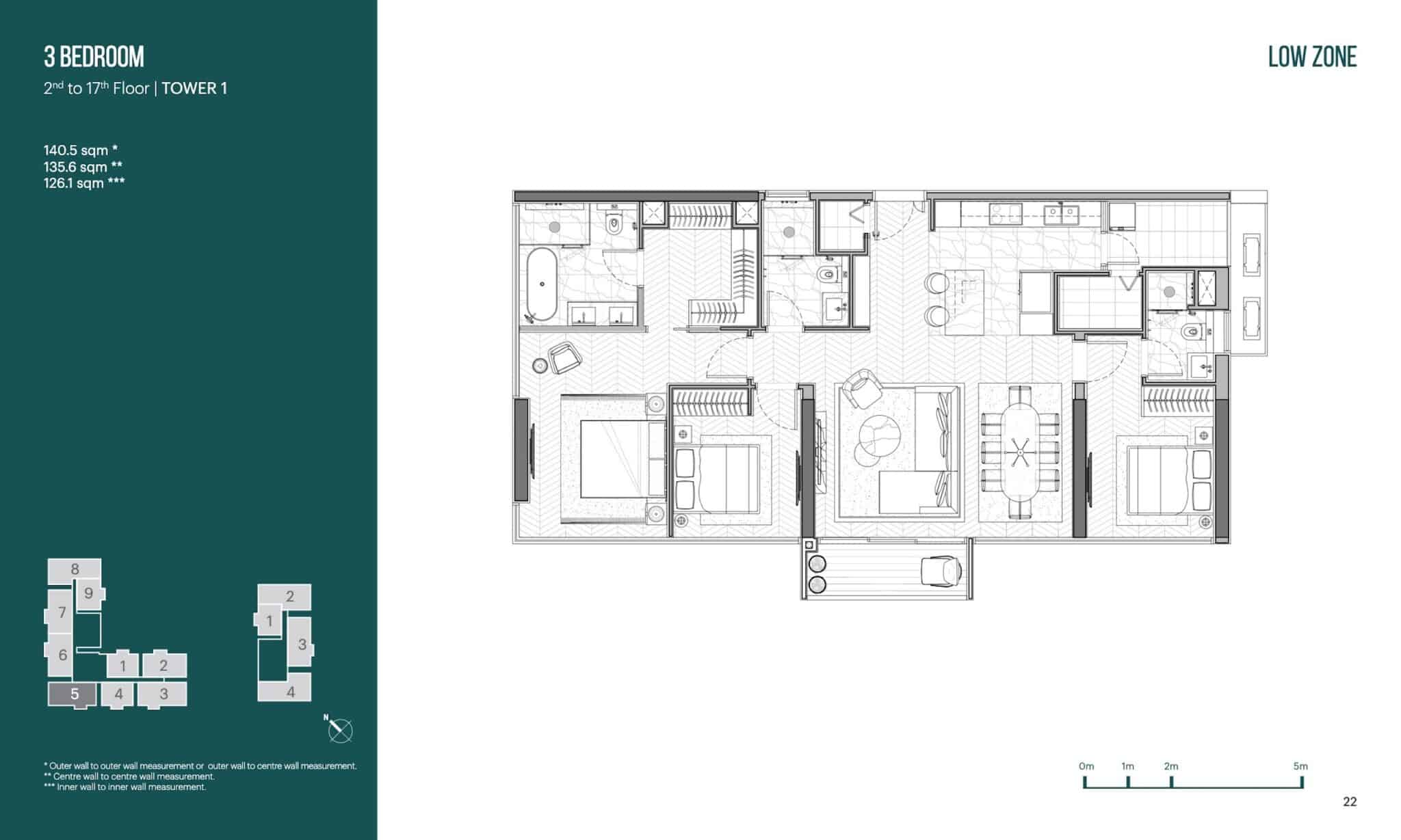 Layout căn 3 phòng ngủ 140m2 căn số 5 Narra Residences