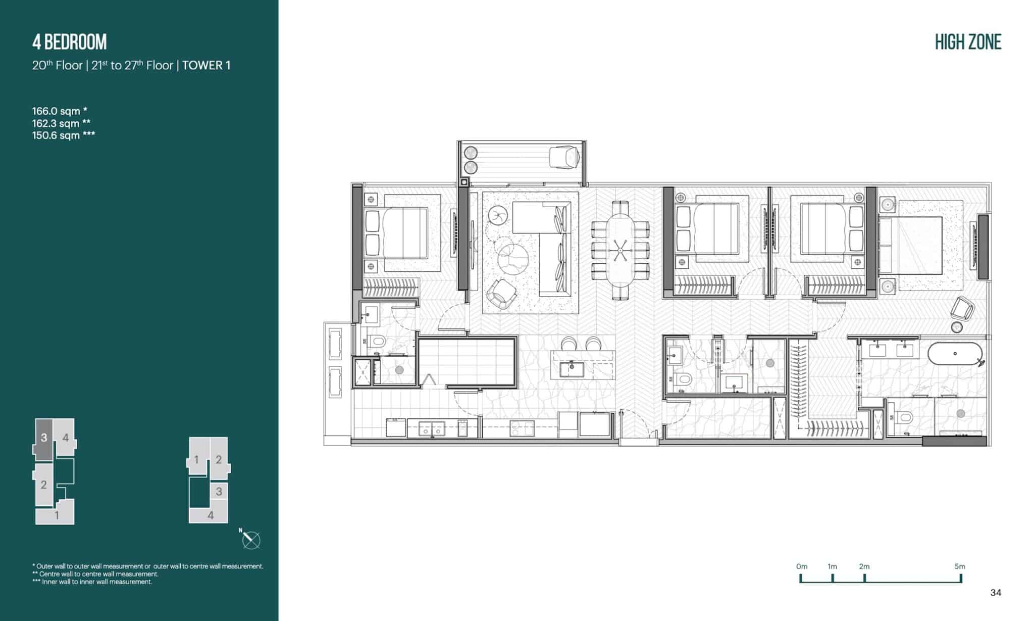 Layout căn 4 phòng ngủ 166m2 tòa T1 Narra Residences phương án 1