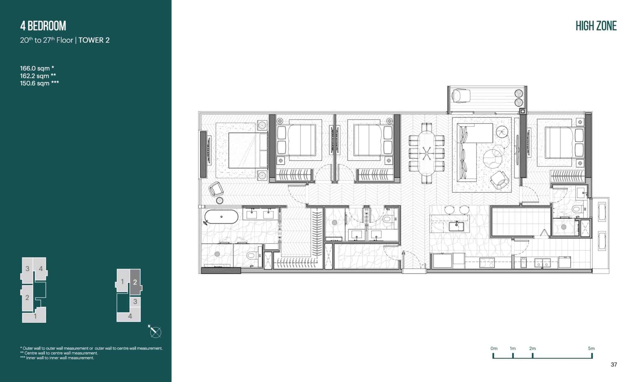 Layout căn 4 phòng ngủ 166m2 tòa T2 Narra Residences