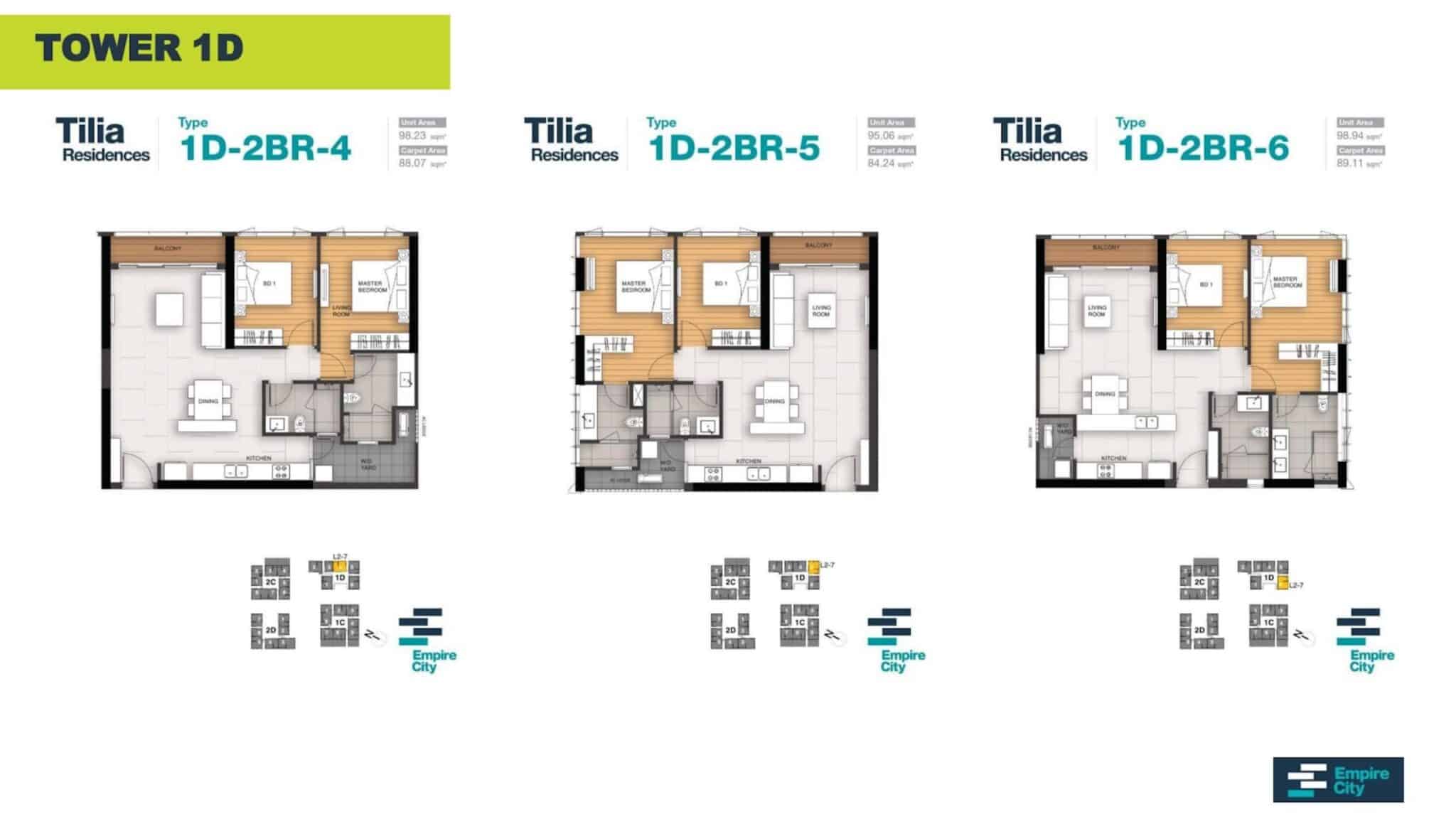 Layout căn hộ 2PN tòa T1D Tilia Residences Empire City phương án 2