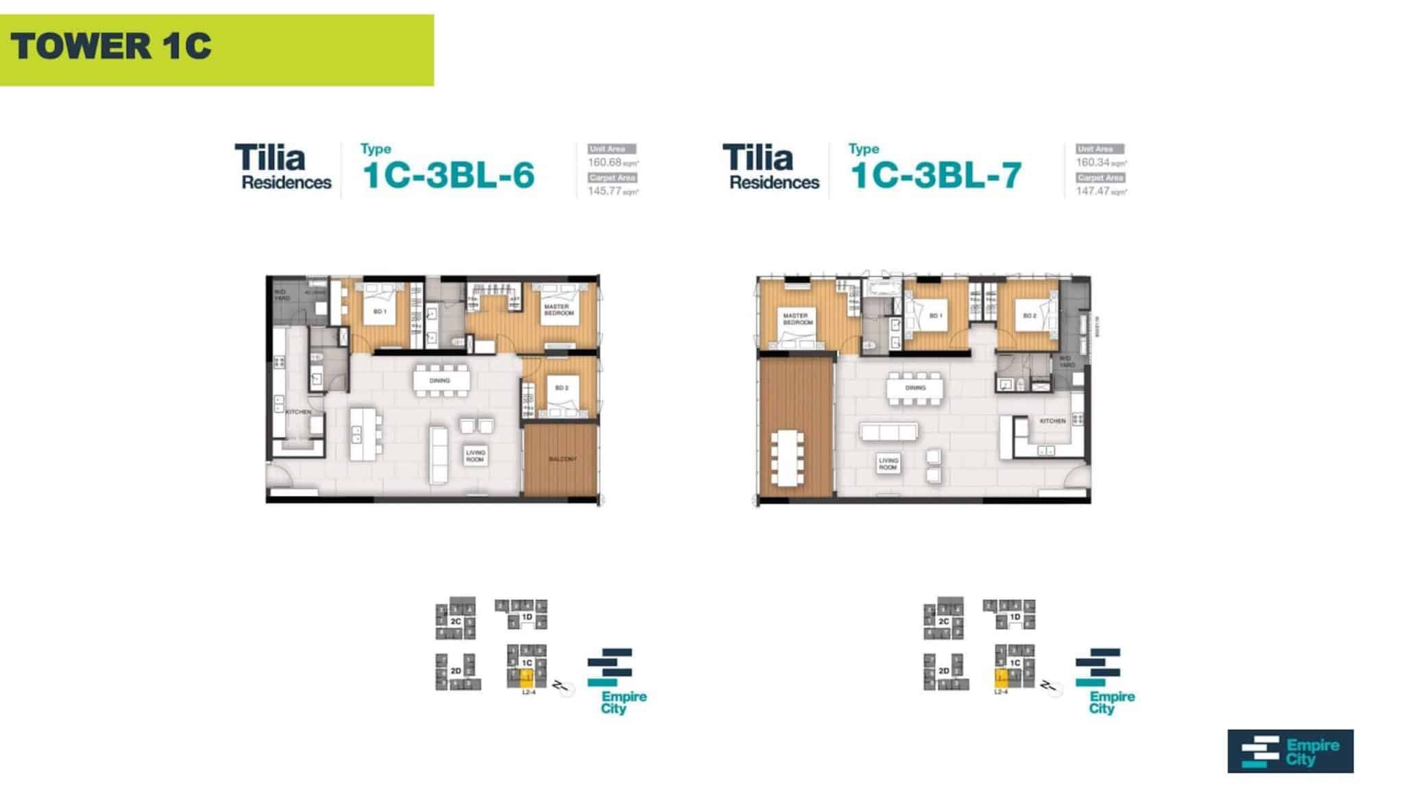 Layout căn hộ 3PN tòa T1C Tilia Residences Empire City phương án 2