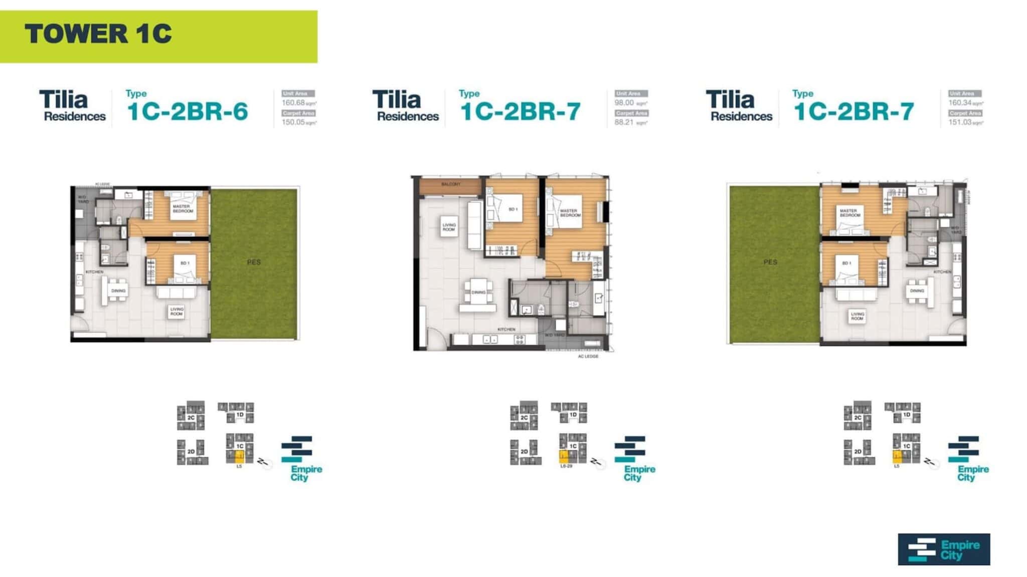 Layout căn hộ 2PN tòa T1C Tilia Residences Empire City phương án 2