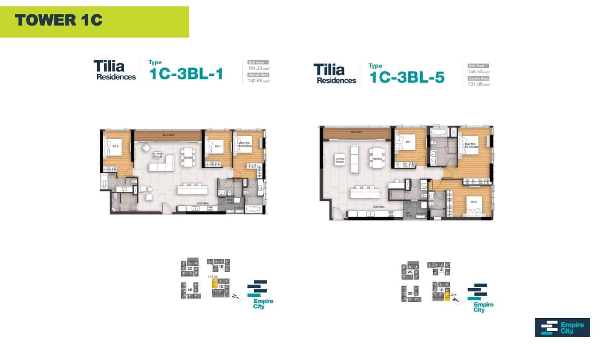 Layout căn hộ 3PN tòa T1C Tilia Residences Empire City phương án 1