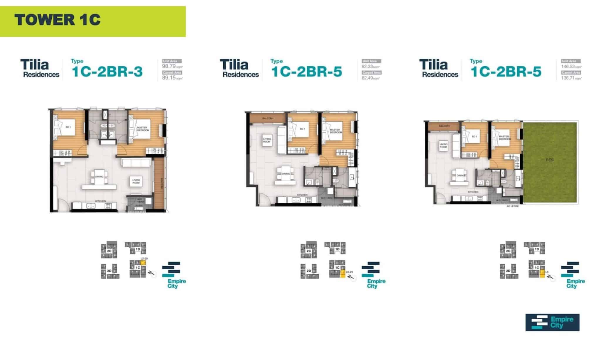 Layout căn hộ 2PN tòa T1C Tilia Residences Empire City phương án 1