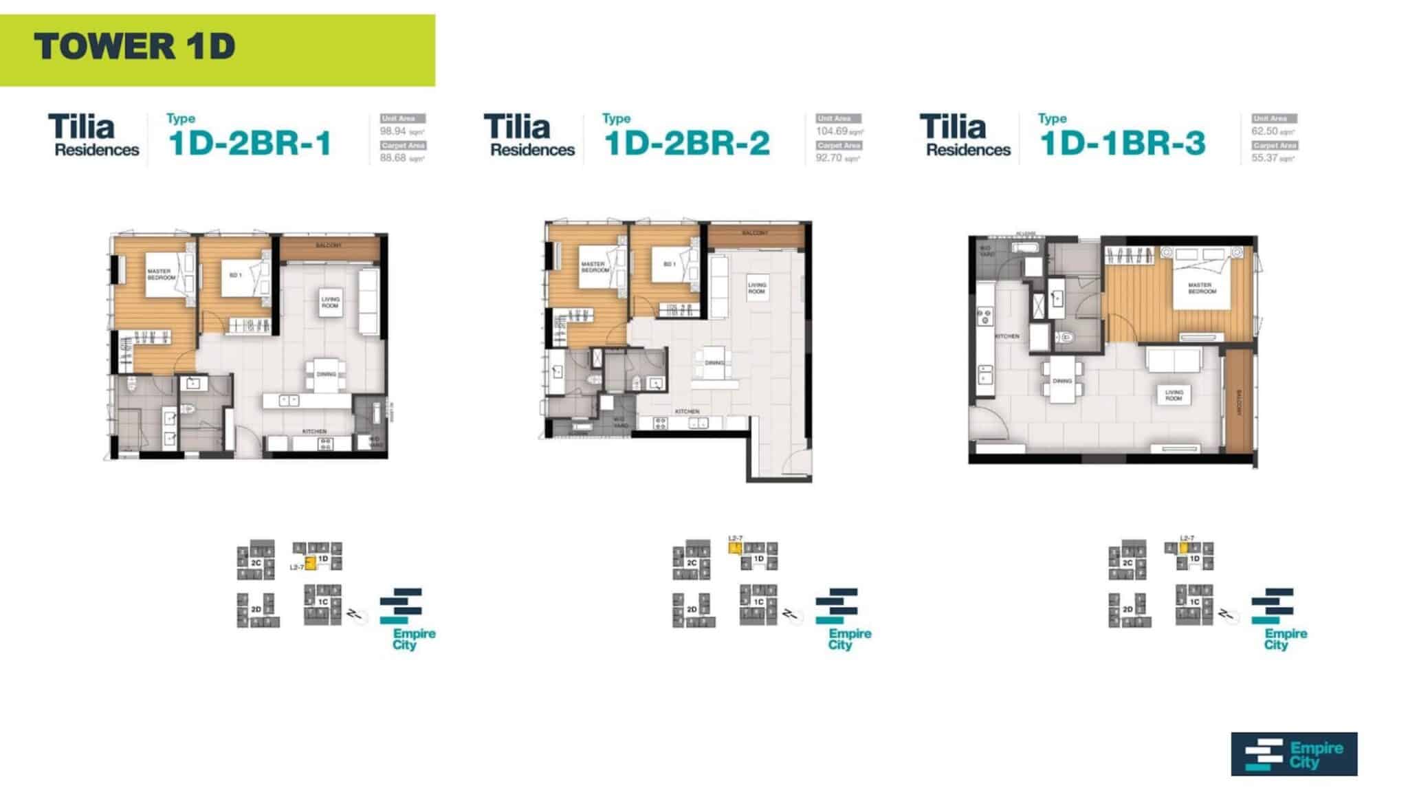 Layout căn hộ 2PN tòa T1D Tilia Residences Empire City phương án 1