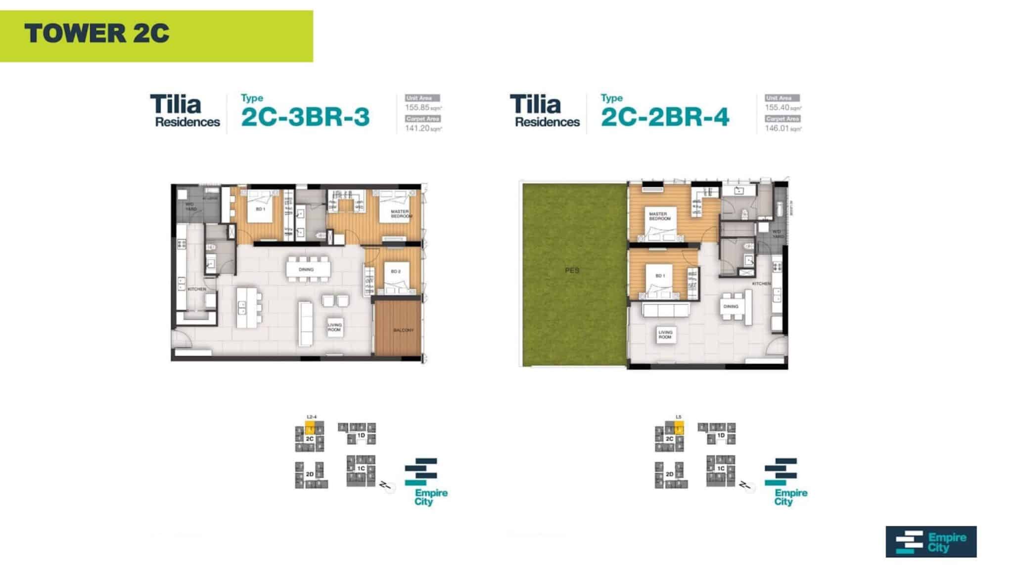 Layout căn hộ 2-3PN tòa T2C Tilia Residences Empire City