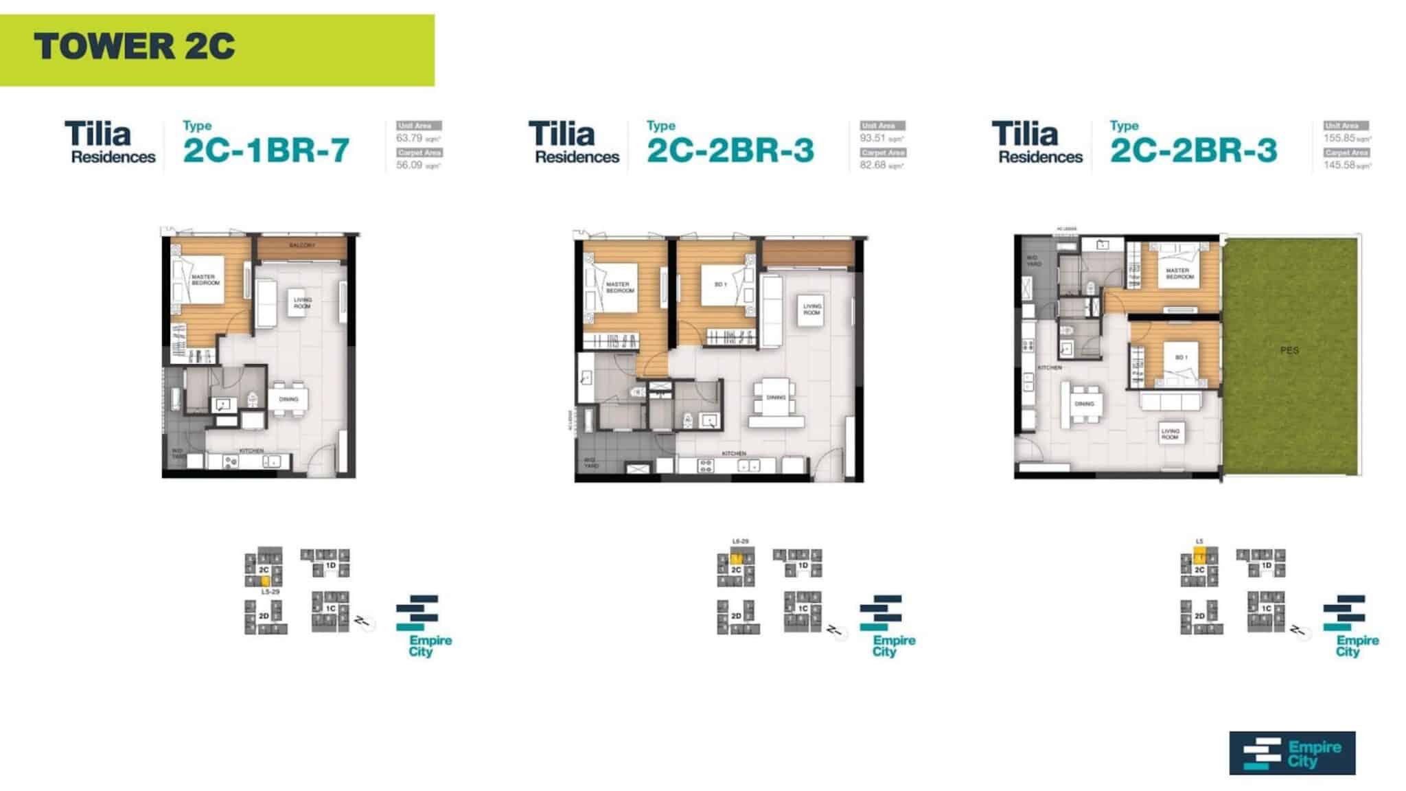 Layout căn hộ 1-2PN tòa T2C Tilia Residences Empire City