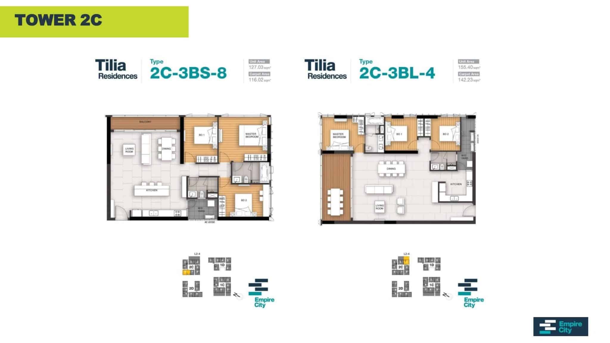 Layout căn hộ 3PN tòa T2C Tilia Residences Empire City