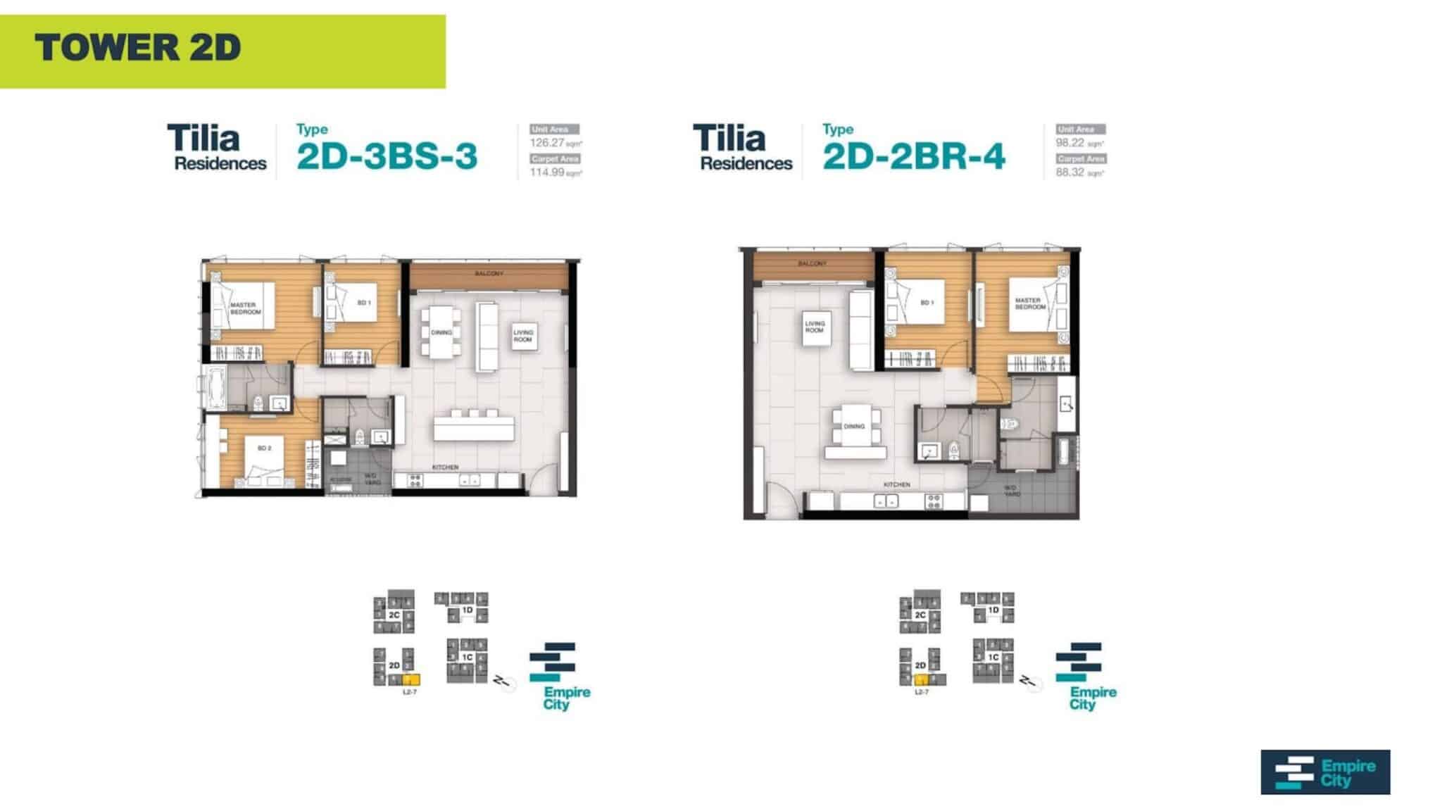 Layout căn hộ 2-3PN tòa T2D Tilia Residences Empire City