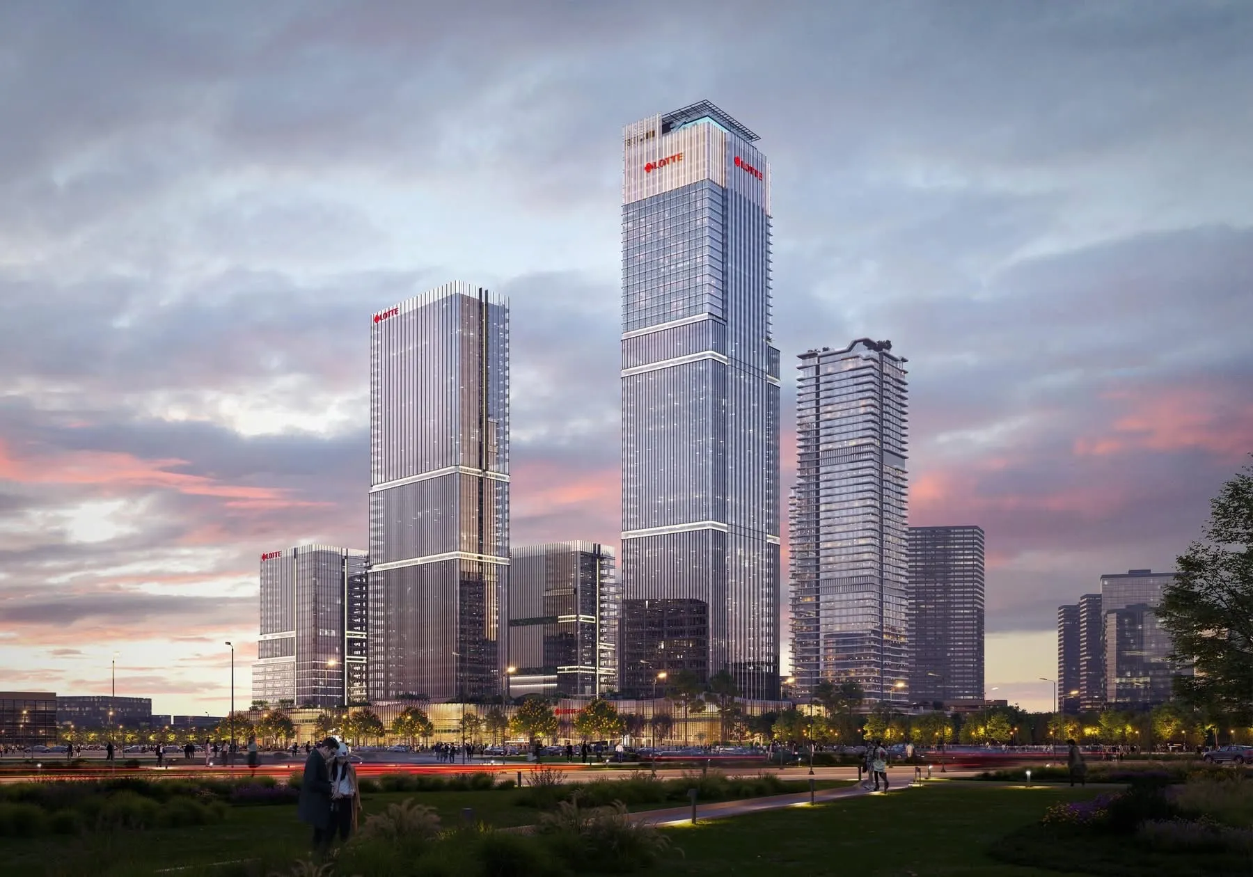 Tháp thương mại Lotte Eco Smart City lúc hoàng hôn