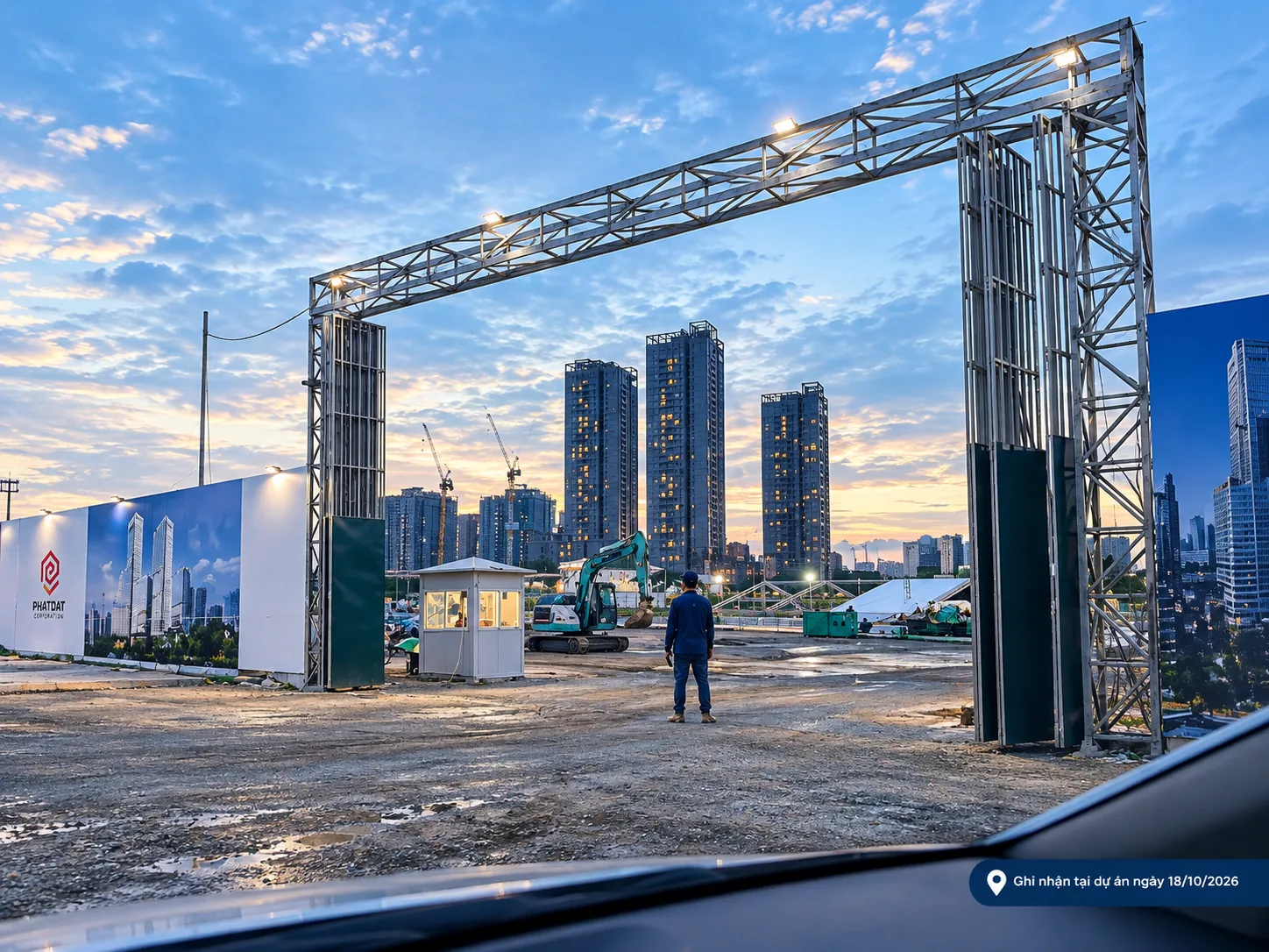 Cổng công trường Lotte Eco Smart City Thủ Thiêm với rào chắn Phát Đạt, máy đào và nhân công, ghi nhận ngày 18/10/2026