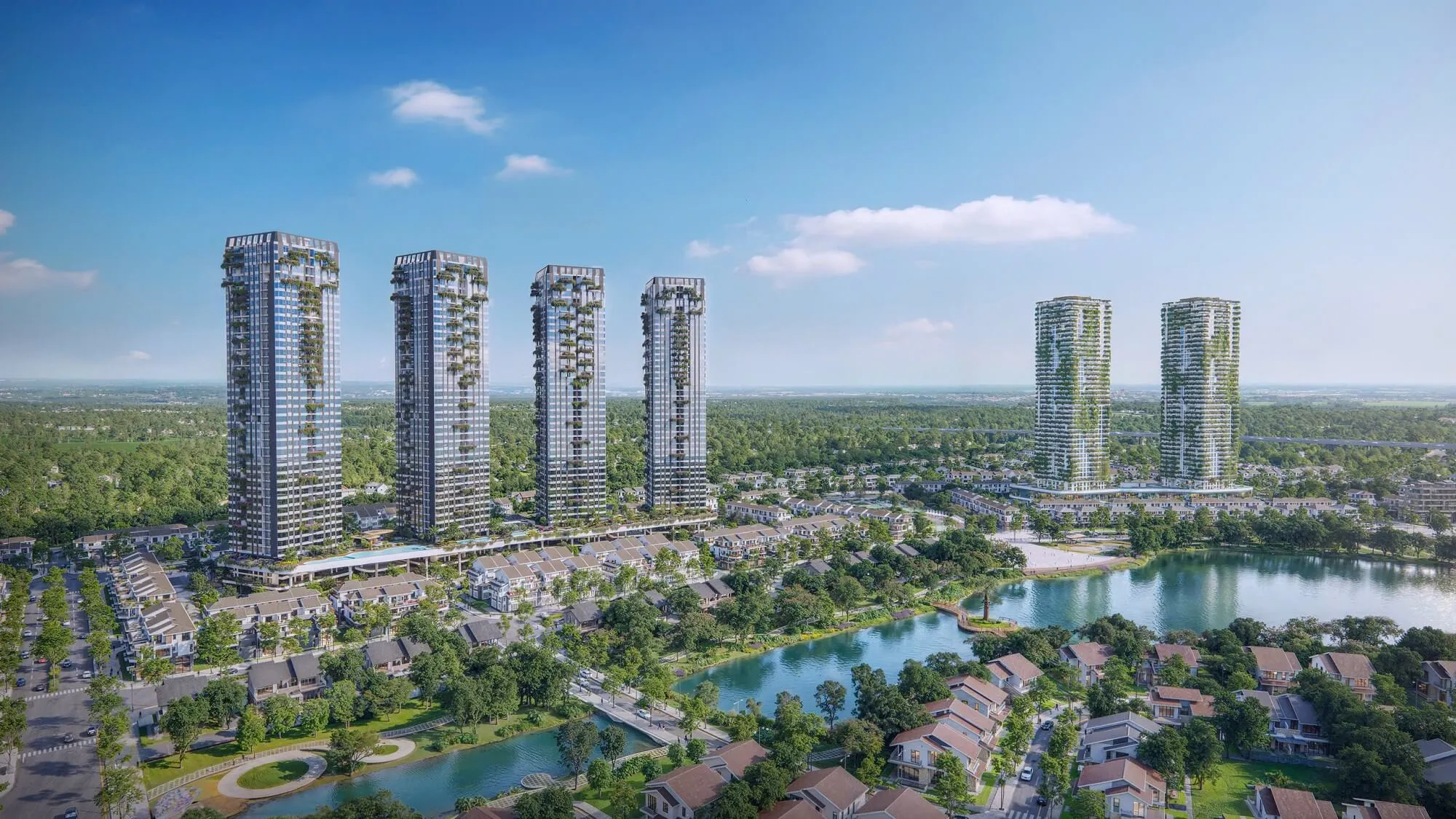 Forest Onsen apartment towers by the lake – Eco Retreat (rendering)