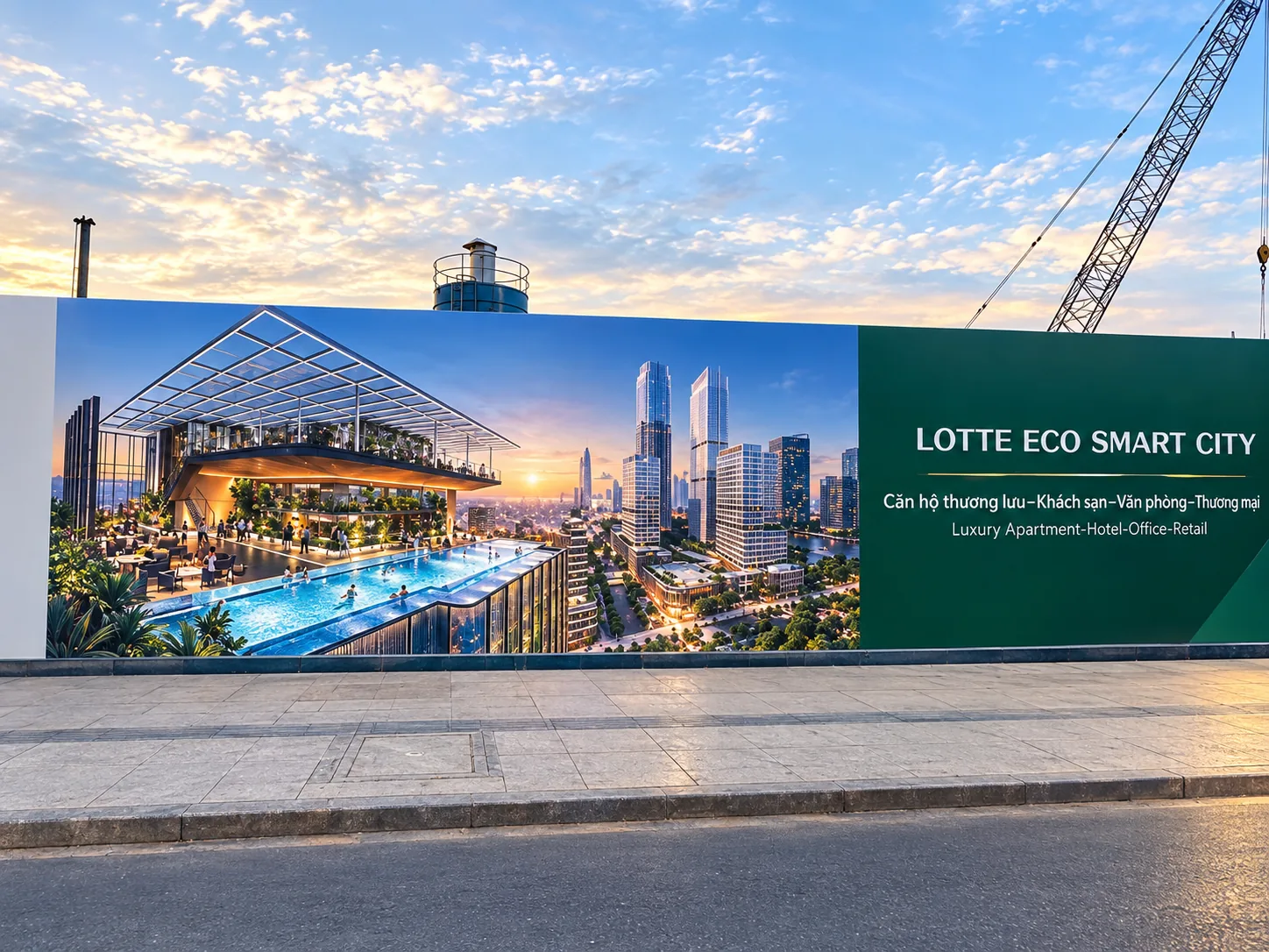 Phối cảnh dự án Lotte Eco Smart City Thủ Thiêm lúc bình minh với hồ bơi vô cực trên cao